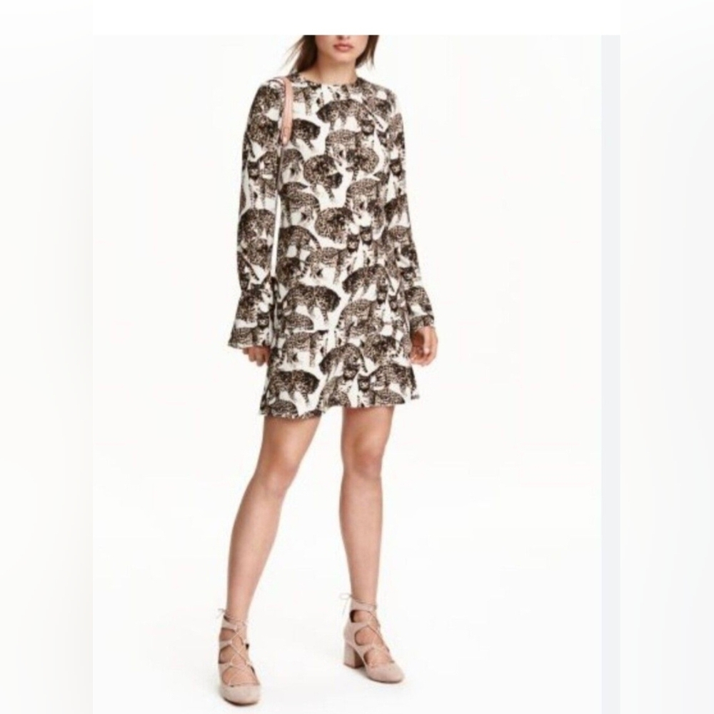 H&M Bengal Cat Print Novelty Dress Long Sleeve Animal Print EU 40 US 10 - Picture 3 of 16
